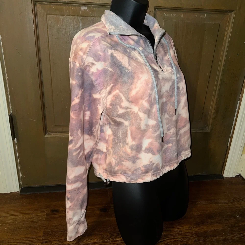Gray Pink Colorful Acid Wash Quarter Zip Crop Long Sleeve Boho Pullover Size M - Picture 5 of 13